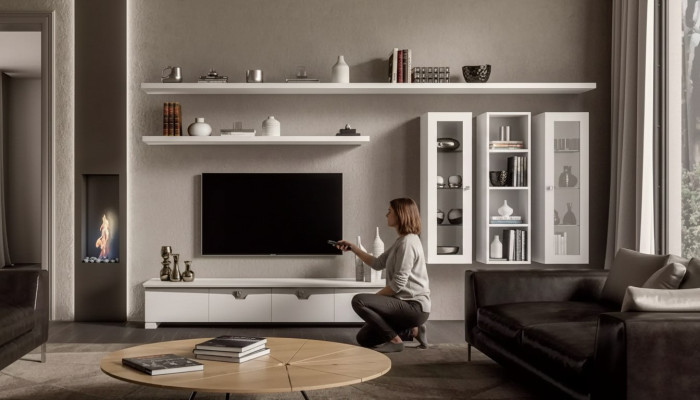 Soggiorno Mobile TV Parete attrezzata Legno Armadio Design Bianco Moderno Set 6 pezzi.