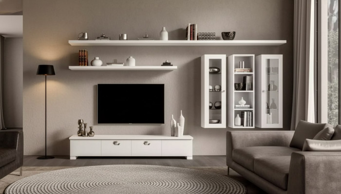 Soggiorno Mobile TV Parete attrezzata Legno Armadio Design Bianco Moderno Set 6 pezzi.