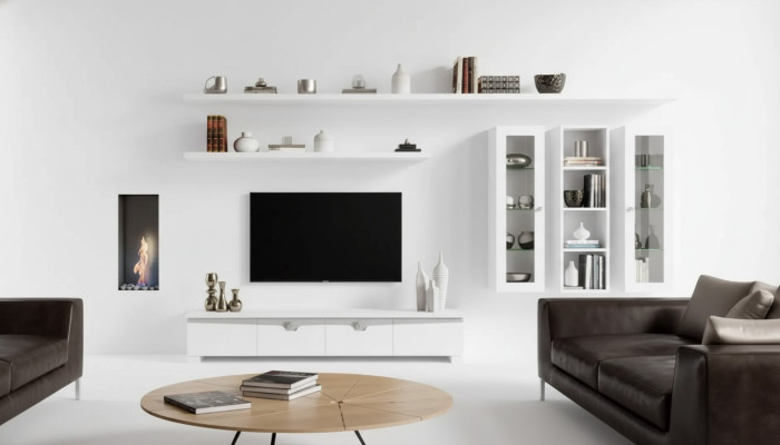Soggiorno Mobile TV Parete attrezzata Legno Armadio Design Bianco Moderno Set 6 pezzi.