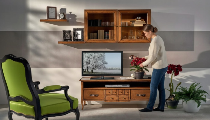 Gruppo parete attrezzata RTV, mobile TV basso, supporto TV moderno marrone, set per soggiorno.