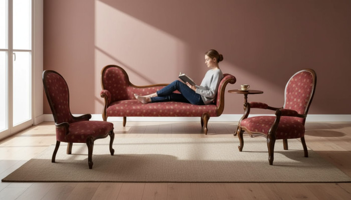Divano lounge con cuscini classici per sdraiarsi, chaise longue da club marrone nuovo.