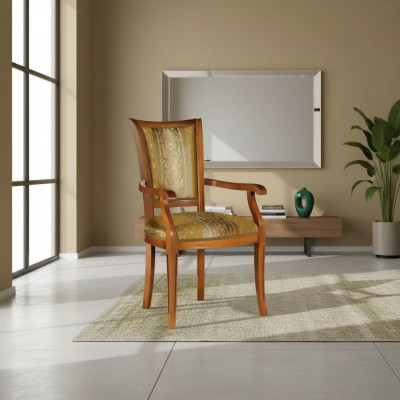 Sedia da pranzo Art Déco con braccioli in design tessile di lusso marrone.   Seggiola da pranzo in stile Art Déco con braccioli in design tessile di lusso marrone.