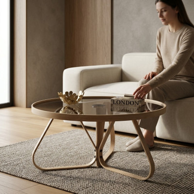 Tavolino da salotto di design tavolo in vetro di lusso rotondo in legno per il salotto.