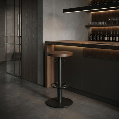 Tavolo da bar rotondo. Tavolo alto moderno in legno marrone. Mobili nuovi di design di lusso.