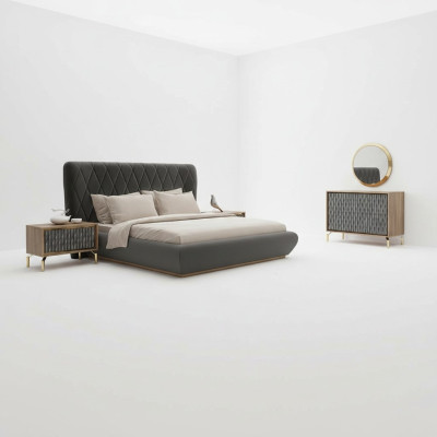 Design camera da letto completa con letto in legno 2 comodini cassettiera con specchio