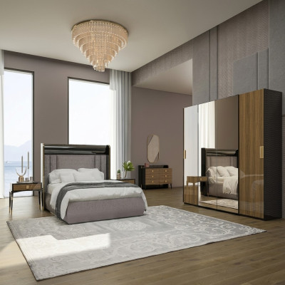 Set di lusso 6 pezzi Camera da letto matrimoniale Comò con specchio 2 comodini  Set di lusso da 6 pezzi per camera da letto matrimoniale, con comò con specchio e 2 comodini.