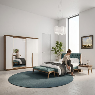 Camera da letto completa Letto 2 comodini Moderno Armadio da abiti Panca Nuovo