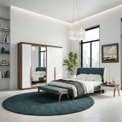 Camera da letto completa Letto 2 comodini Moderno Armadio da abiti Panca Nuovo