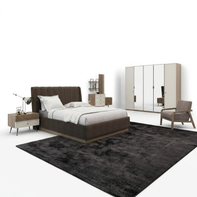 Camera da letto di lusso con letto matrimoniale, 2 comodini in legno, 6 pezzi completi in stile moderno.