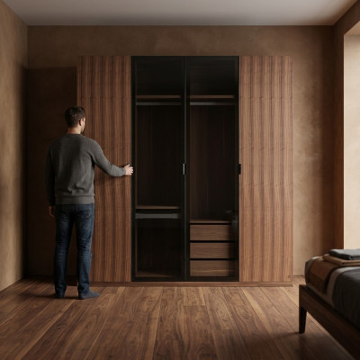 Armadio moderno con design per la camera da letto, armadio in legno di lusso con ante in vetro.
