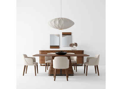 Sala da pranzo moderna con tavolo da pranzo, 4 sedie, credenza, mobili di lusso e 2 specchi.