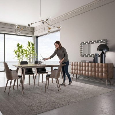Set completo 7 pezzi sala da pranzo Tavolo da pranzo Nuovo 4 sedie Lussuoso credenza con specchio