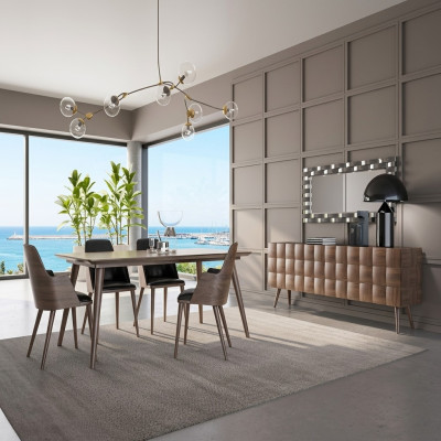 Set completo 7 pezzi sala da pranzo Tavolo da pranzo Nuovo 4 sedie Lussuoso credenza con specchio