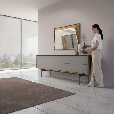 Completo mobile per sala da pranzo con design di credenza con specchio in legno.