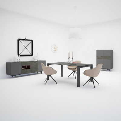 Set da pranzo con tavolo da pranzo in metallo e tessuto da designer, sedie e armadio da pranzo.