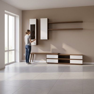 Set parete attrezzata 5 pezzi in legno mobile TV + tavolino moderno 2 mensole a parete