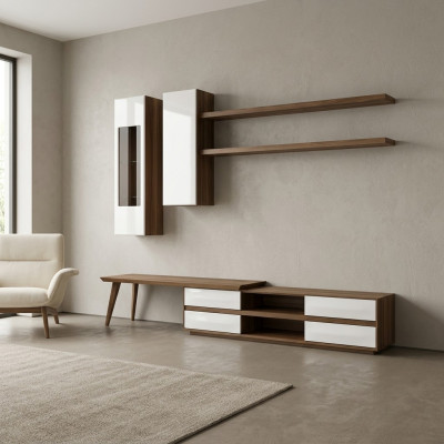 Set parete attrezzata 5 pezzi in legno mobile TV + tavolino moderno 2 mensole a parete