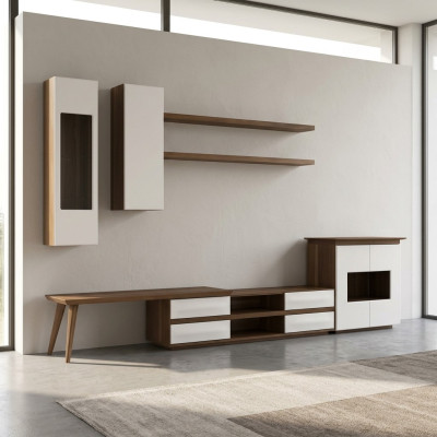 Set completo soggiorno 7 pezzi con supporto TV + tavolino da caffè mobili in legno vetrina moderna