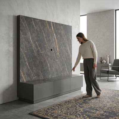 Moderno mobile TV di lusso grigio in legno, mobili da soggiorno di design.