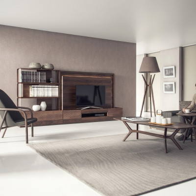 Soggiorno di lusso con parete attrezzata porta TV, mobili in legno, librerie nuove, cornice TV.