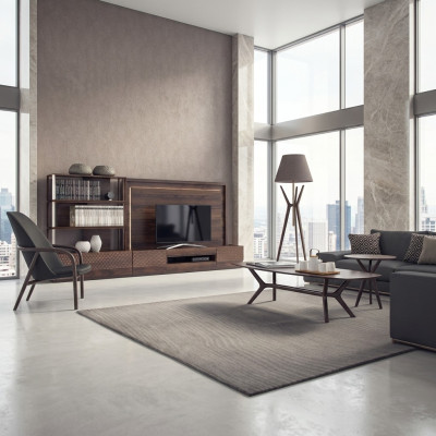 Soggiorno di lusso con parete attrezzata porta TV, mobili in legno, librerie nuove, cornice TV.
