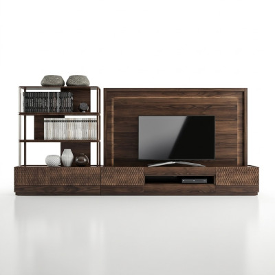 Soggiorno di lusso con parete attrezzata porta TV, mobili in legno, librerie nuove, cornice TV.