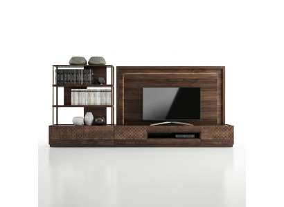 Soggiorno di lusso con parete attrezzata porta TV, mobili in legno, librerie nuove, cornice TV.