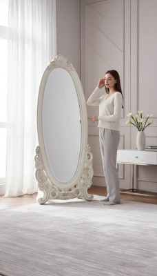 Specchio a pavimento in legno classico bianco nel soggiorno, un nuovo lusso negli ambienti interni.
