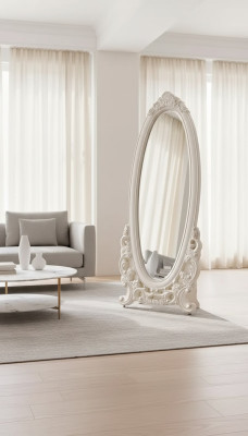 Specchio a pavimento in legno classico bianco nel soggiorno, un nuovo lusso negli ambienti interni.