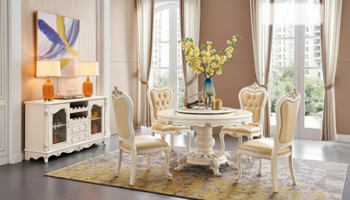 Set da sala da pranzo Tavolo da pranzo rotondo 4 sedie Chesterfield Set di lusso
