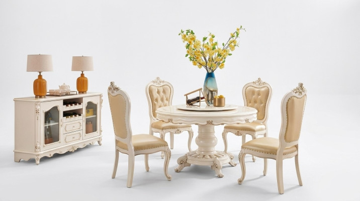 Set da sala da pranzo Tavolo da pranzo rotondo 4 sedie Chesterfield Set di lusso
