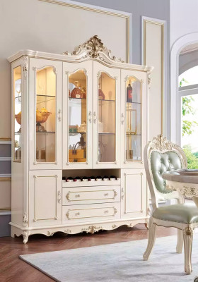Set da pranzo bianco perla con tavolo da pranzo, 6 sedie e vetrina, set di lusso composto da 8 pezzi