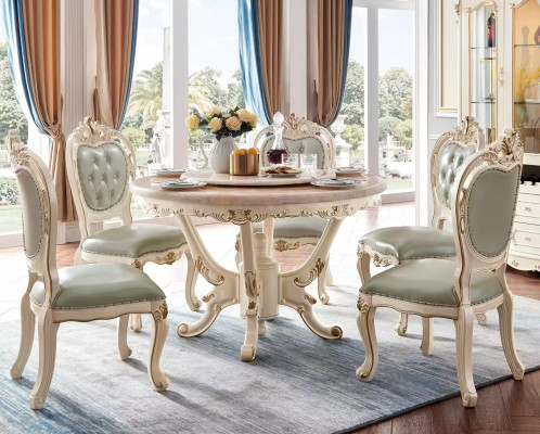 Set da pranzo bianco perla con tavolo da pranzo, 6 sedie e vetrina, set di lusso composto da 8 pezzi