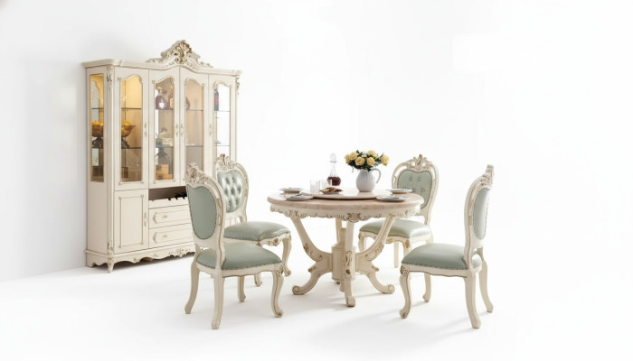 Set da pranzo bianco perla con tavolo da pranzo, 6 sedie e vetrina, set di lusso composto da 8 pezzi