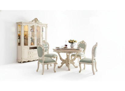 Set da pranzo bianco perla con tavolo da pranzo, 6 sedie e vetrina, set di lusso composto da 8 pezzi