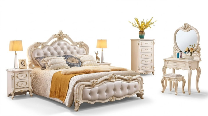 Set da camera da letto Letto 2 comodini Tavolo trucco Sgabello Cassettone 6 pezzi di lusso