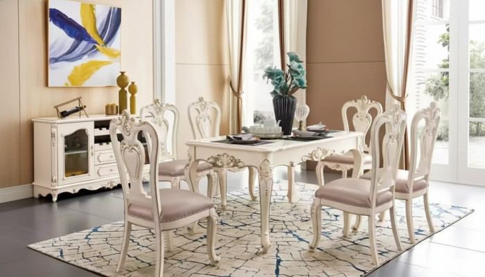 Set da pranzo di lusso con tavolo da pranzo e 6 sedie, mobili classici in 7 pezzi, nuovo.