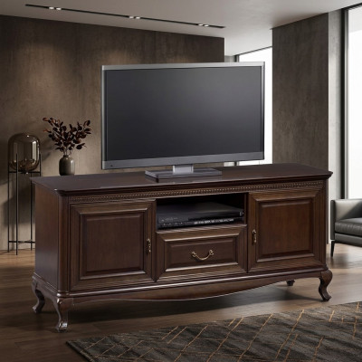 Mobile TV in legno massello marrone con ripiano per TV.