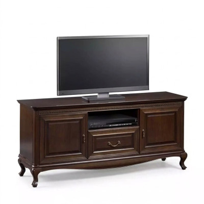 Mobile TV in legno massello marrone con ripiano per TV.