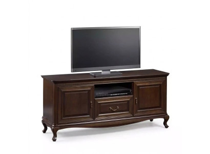 Mobile TV in legno massello marrone con ripiano per TV.