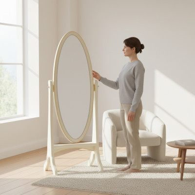 Soggiorno Pavimento Specchio Specchietto Cornice ovale in legno bianco Specchio da terra Specchio