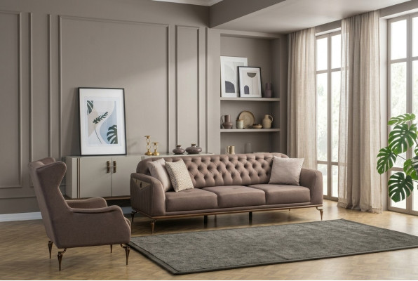 Beige Chesterfield divano soggiorno set divano 3+1 posti di lusso Nuovo