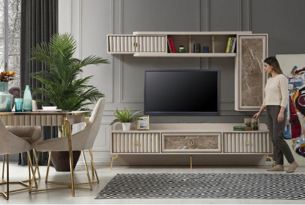 Designer parete attrezzata moderna in legno di lusso con scaffali, eleganti mobili da soggiorno.