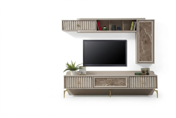 Designer parete attrezzata moderna in legno di lusso con scaffali, eleganti mobili da soggiorno.