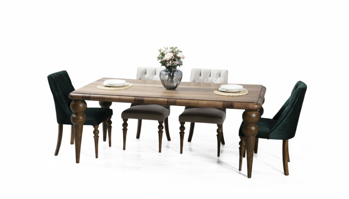 Classico set da pranzo in legno per sala da pranzo, tavolo da pranzo con 6 sedie imbottite, set da 7 pezzi.