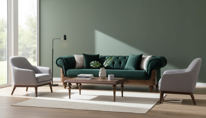 Divano Chesterfield a tre posti verde per il soggiorno.
