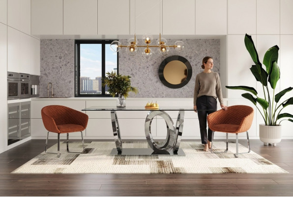 Tavolo da pranzo moderno in vetro con design da designer per sala da pranzo e cucina