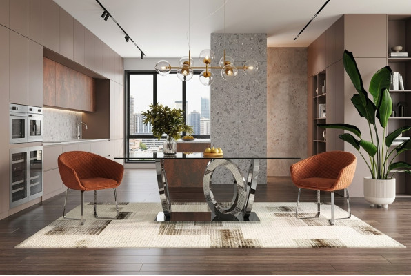Tavolo da pranzo moderno in vetro con design da designer per sala da pranzo e cucina