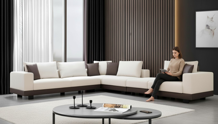 Soggiorno Divano angolare di lusso a L in tessuto con struttura in legno elegante