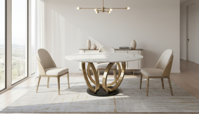 Elegante tavolo da pranzo rotondo bianco con base in acciaio inox, design piano in marmo.